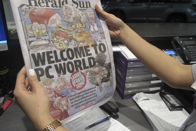 Melbourne-based newspaper Herald Sun displays a controversial cartoon of Serena Williams that has been widely condemned as a racist depiction of the tennis great, in Melbourne, Australia, Wednesday, Sept. 12, 2018. The newspaper defended its cartoonist Mark Knight's depiction of Williams and is asserting the condemnation, which has come from all parts of the world, is driven by political correctness. (AP Photo)