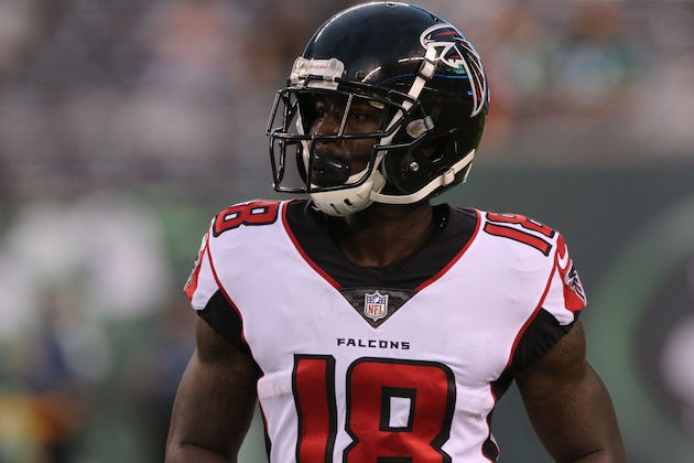 EAST RUTHERFORD, NJ - AUGUST 10: Calvin Ridley #18 of the Atlanta Falcons in action during the preseason National Football League game between the New York Jets and the Atlanta Falcons on August 10, 2018 at MetLife Stadium in East Rutherford, NJ. (Photo by Al Pereira/Getty Images)4