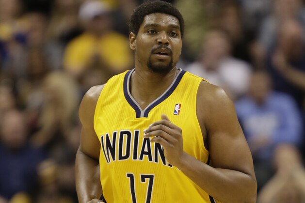 Indiana Pacers center Andrew Bynum (17) in action while playing the Boston Celtics during the first half of an NBA basketball game in Indianapolis, Tuesday, March 11, 2014. (AP Photo/AJ Mast)