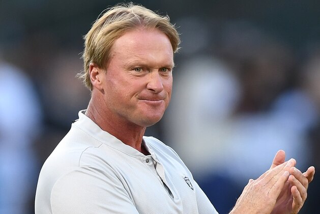 OAKLAND, CA - SEPTEMBER 10:  Head coach Jon Gruden of the Oakland Raiders looks on while his team warms up during pregame warm ups prior to the start of the game against the Los Angeles Rams  at Oakland-Alameda County Coliseum on September 10, 2018 in Oakland, California.  (Photo by Thearon W. Henderson/Getty Images)