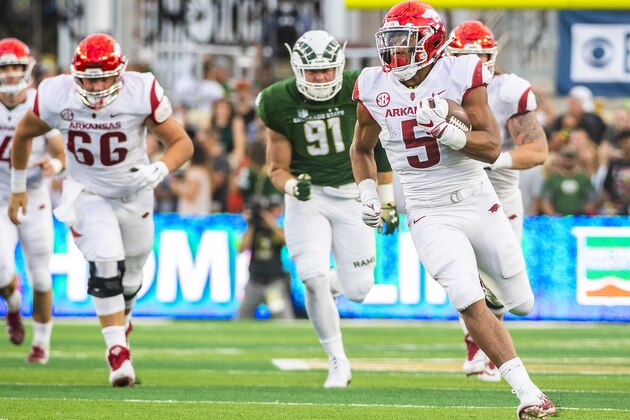 FORT COLLINS, CO - SEPTEMBER 08: Rakeem Boyd #5 of the Arkansas Razorbacks runs in open field against the Colorado State Rams during the first half on September  8, 2018 in Fort Collins, Colorado. (Photo by Timothy Nwachukwu/Getty Images)