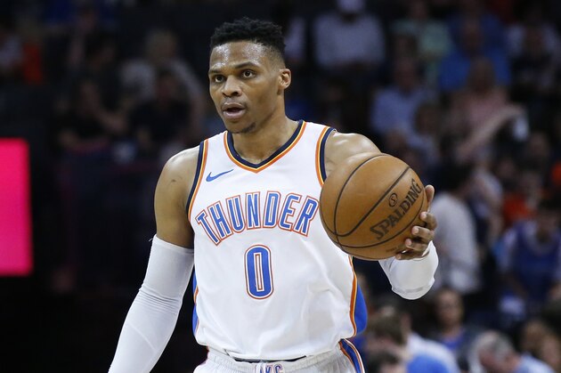 Oklahoma City Thunder guard Russell Westbrook (0) during of an NBA basketball game between the Memphis Grizzlies and the Oklahoma City Thunder in Oklahoma City, Wednesday, April 11, 2018. (AP Photo/Sue Ogrocki)