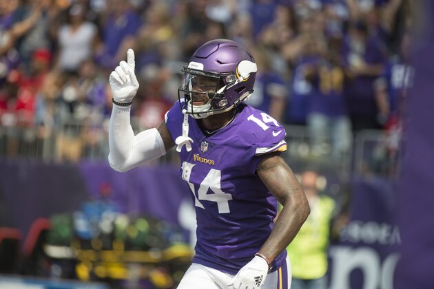 Minnesota Vikings' Stefon Diggs (14) during the San Francisco 49ers at Minnesota Vikings NFL football game on Sunday, Sept. 9, 2018, in Minneapolis. (AP Photo/Craig Lassig)