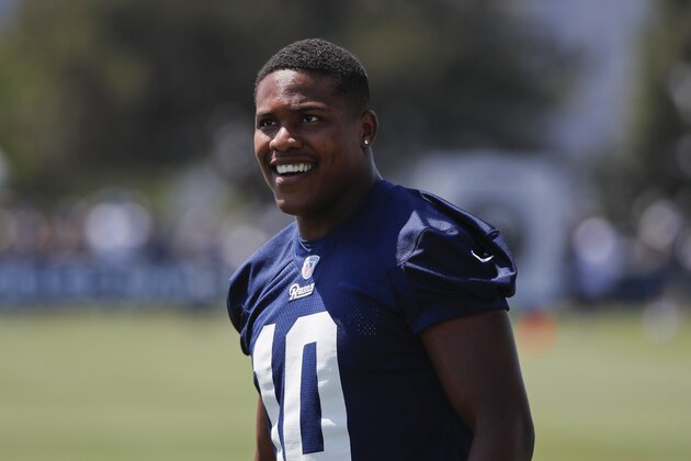 Los Angeles Rams wide receiver Pharoh Cooper smiles during NFL football practice, Friday, July 27, 2018, in Irvine, Calif. (AP Photo/Jae C. Hong)