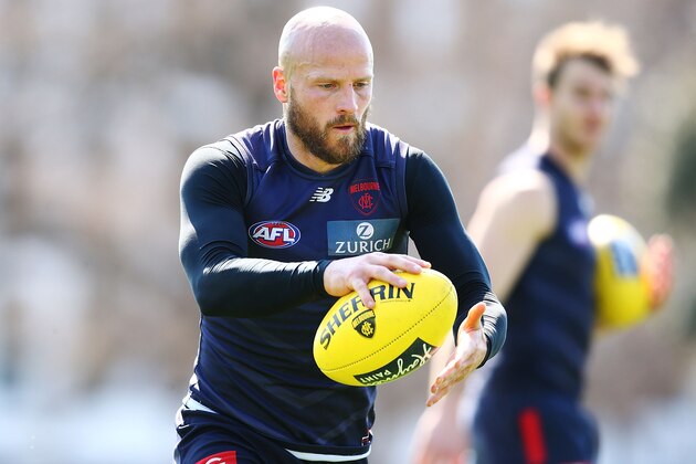 MELBOURNE, AUSTRALIA - SEPTEMBER 11:  Nathan Jones of the Demons kicks the ball during a Melbourne Demons AFL training session at Gosch's Paddock on September 11, 2018 in Melbourne, Australia.  (Photo by Michael Dodge/Getty Images)