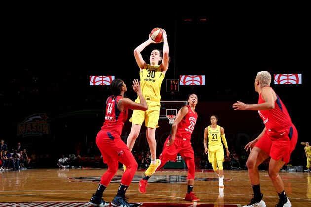 FAIRFAX, VA - SEPTEMBER 12: Breanna Stewart #30 of the Seattle Storm shoots the ball against the Washington Mystics during Game Three of the 2018 WNBA Finals on September 12, 2018 at Eaglebank Arena at George Mason University in Fairfax, VA. NOTE TO USER: User expressly acknowledges and agrees that, by downloading and or using this photograph, User is consenting to the terms and conditions of the Getty Images License Agreement. Mandatory Copyright Notice: Copyright 2018 NBAE (Photo by Ned Dishman/NBAE via Getty Images)
