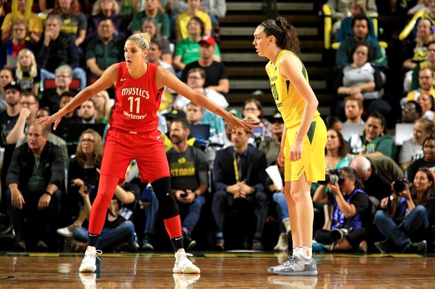 SEATTLE, WA - SEPTEMBER 9: Elena Delle Donne #11 of the Washington Mystics is on guard against Breanna Stewart #30 of the Seattle Storm during Game Two of the 2018 WNBA Finals on September 09, 2018 at KeyArena in Seattle, WA. NOTE TO USER: User expressly acknowledges and agrees that, by downloading and or using this photograph, User is consenting to the terms and conditions of the Getty Images License Agreement. Mandatory Copyright Notice: Copyright 2018 NBAE (Photo by Joshua Huston/NBAE via Getty Images)