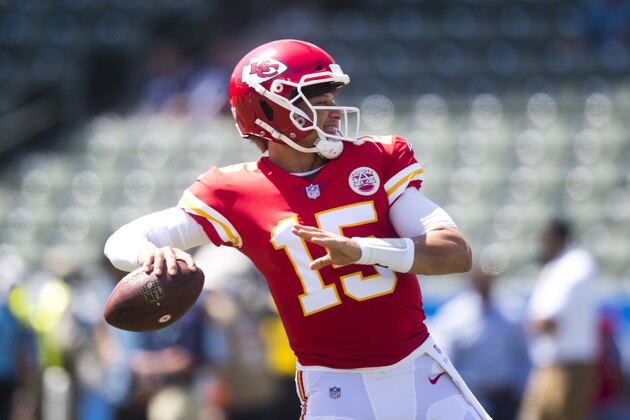 Kansas City Chiefs quarterback Patrick Mahomes warms up before an NFL football game against the Los Angeles Chargers Sunday, Sept. 9, 2018, in Carson, Calif. (AP Photo/Jae C. Hong)