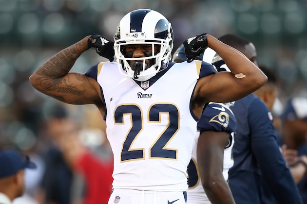OAKLAND, CA - SEPTEMBER 10:  Marcus Peters #22 of the Los Angeles Rams warms up prior to their game against the Oakland Raiders at Oakland-Alameda County Coliseum on September 10, 2018 in Oakland, California.  (Photo by Ezra Shaw/Getty Images)