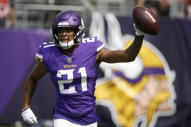 Minnesota Vikings cornerback Mike Hughes celebrates after returning an interception 28-yards for a touchdown during the second half of an NFL football game against the San Francisco 49ers, Sunday, Sept. 9, 2018, in Minneapolis. (AP Photo/Bruce Kluckhohn)