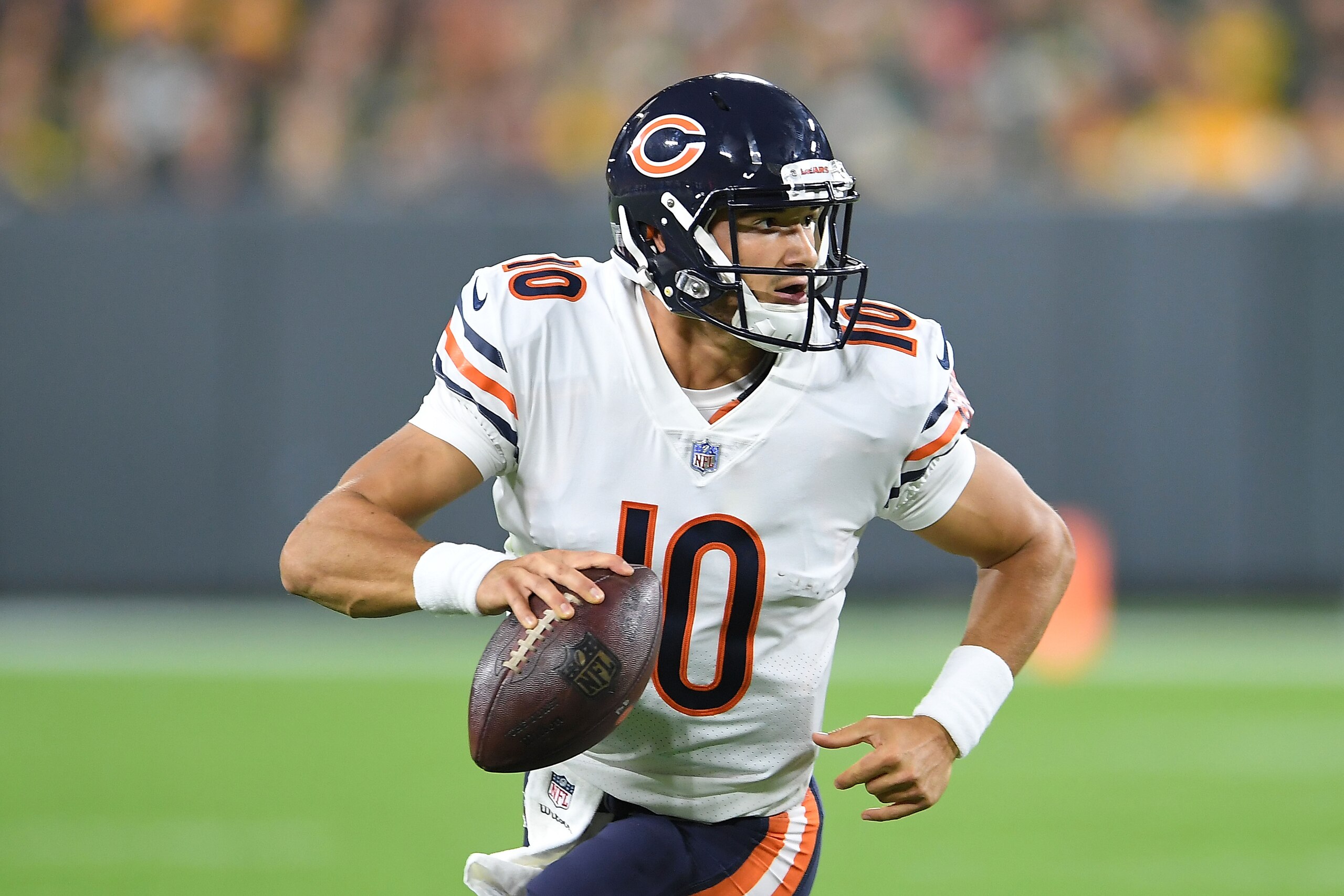 GREEN BAY, WI - SEPTEMBER 09:  Mitchell Trubisky #10 of the Chicago Bears drops back to pass during a game against the Green Bay Packers at Lambeau Field on September 9, 2018 in Green Bay, Wisconsin.  (Photo by Stacy Revere/Getty Images)