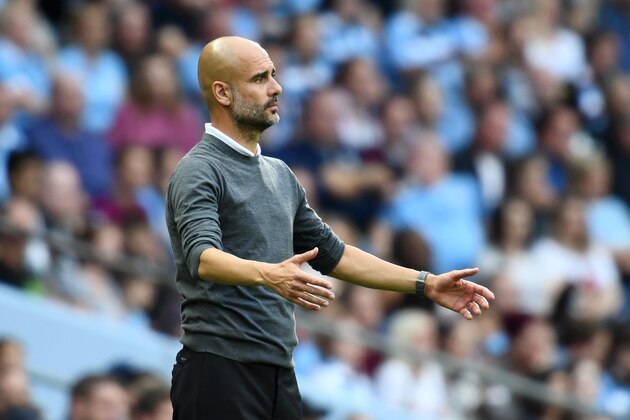 MANCHESTER, ENGLAND - SEPTEMBER 01: Josep Guardiola, Manager of Manchester City reacts during the Premier League match between Manchester City and Newcastle United at Etihad Stadium on September 1, 2018 in Manchester, United Kingdom.  (Photo by Clive Mason/Getty Images)