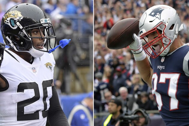 FILE - At left, in a Sept. 9, 2018, file photo, Jacksonville Jaguars cornerback Jalen Ramsey (20) gestures during the first half of an NFL football game against the New York Giants, in East Rutherford, N.J. At right, also in a Sept. 9, 2018, file photo, New England Patriots tight end Rob Gronkowski (87) celebrates his touchdown against the Houston Texans during the first half of an NFL football game, in Foxborough, Mass. Jalen Ramsey made headlines when he told