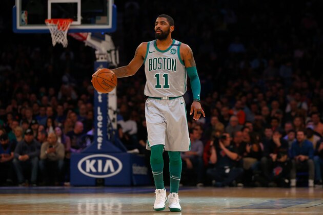 NEW YORK, NY - FEBRUARY 24:  (NEW YORK DAILIES OUT)    Kyrie Irving #11 of the Boston Celtics in action against the New York Knicks at Madison Square Garden on February 24, 2018 in New York City. The Celtics defeated the Knicks 121-112. NOTE TO USER: User expressly acknowledges and agrees that, by downloading and/or using this Photograph, user is consenting to the terms and conditions of the Getty Images License Agreement.  (Photo by Jim McIsaac/Getty Images)