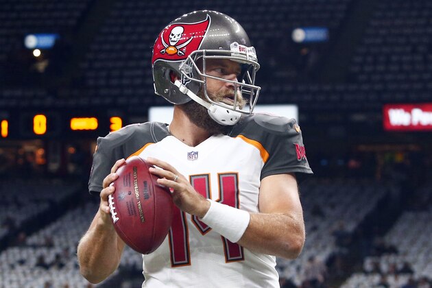 Tampa Bay Buccaneers quarterback Ryan Fitzpatrick (14) warms up before an NFL football game against the New Orleans Saints in New Orleans, Sunday, Sept. 9, 2018. (AP Photo/Butch Dill)