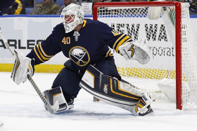 Buffalo Sabres goalie Robin Lehner (40) looks for the puck during the second period of an NHL hockey game against the New Jersey Devils, Tuesday, Jan. 30, 2018, in Buffalo, N.Y. (AP Photo/Jeffrey T. Barnes)