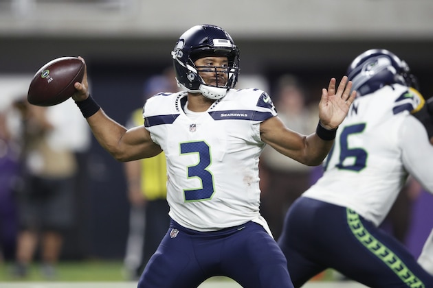 MINNEAPOLIS, MN - AUGUST 24: Russell Wilson #3 of the Seattle Seahawks looks to pass the ball during a preseason game against the Minnesota Vikings at U.S. Bank Stadium on August 24, 2018 in Minneapolis, Minnesota. (Photo by Joe Robbins/Getty Images)