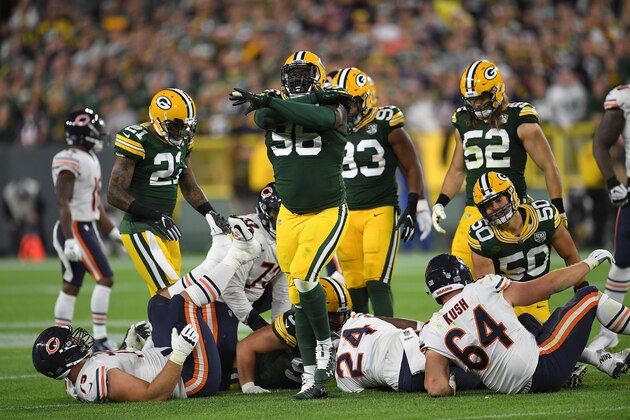 GREEN BAY, WI - SEPTEMBER 09:  Muhammad Wilkerson #96 of the Green Bay Packers reacts to a stop during a game against the Chicago Bears at Lambeau Field on September 9, 2018 in Green Bay, Wisconsin.  (Photo by Stacy Revere/Getty Images)