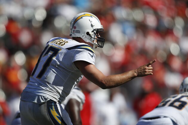 Los Angeles Chargers quarterback Philip Rivers calls a play during an NFL football game against the Kansas City Chiefs Sunday, Sept. 9, 2018, in Carson, Calif. (AP Photo/Jae C. Hong)