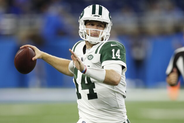 New York Jets quarterback Sam Darnold (14) looks to throw a pass against the Detroit Lions during an NFL football game in Detroit, Monday, Sept. 10, 2018. (Jeff Haynes/AP Images for Panini)