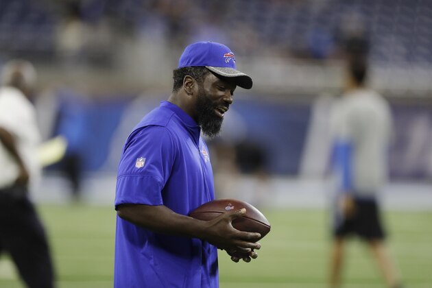 Buffalo Bills assistant defensive backs coach Ed Reed is seen before the first half of NFL preseason football game against the Detroit Lions, Thursday, Sept. 1, 2016, in Detroit. (AP Photo/Carlos Osorio)