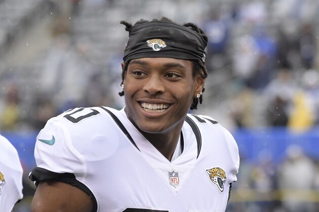 Jacksonville Jaguars cornerback Jalen Ramsey (20) smiles before of an NFL football game against the New York Giants Sunday, Sept. 9, 2018, in East Rutherford, N.J. (AP Photo/Bill Kostroun)