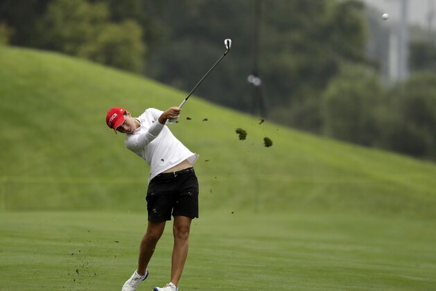 Carlota Ciganda, of Spain, hits to the sixth green during the first round of the Indy Women in Tech Championship golf tournament, Thursday, Aug. 16, 2018, Indianapolis. (AP Photo/Darron Cummings)