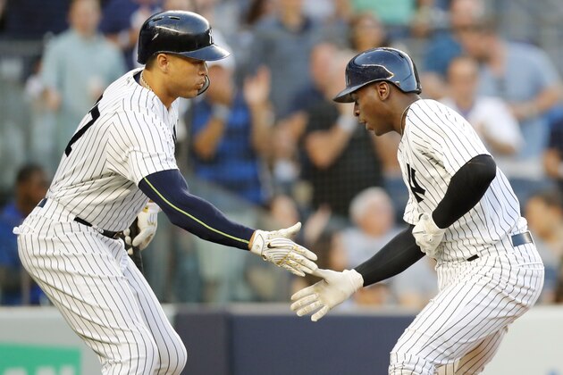 NEW YORK, NY - JUNE 15:  Giancarlo Stanton #27 and Didi Gregorius #18 of the New York Yankees celebrate a home run by Gregorius in the 3rd inning in an MLB baseball game against the Tampa Bay Rays on June 15, 2018 at Yankee Stadium in the Bronx borough of New York City. Yankees won 5-0. (Photo by Paul Bereswill/Getty Images)