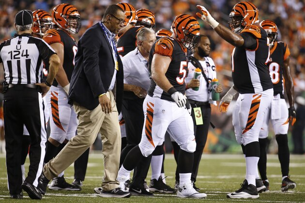 Cincinnati Bengals center Billy Price (53) walks off the field after a possible injury in the first half of an NFL football game against the Baltimore Ravens, Thursday, Sept. 13, 2018, in Cincinnati. (AP Photo/Frank Victores)