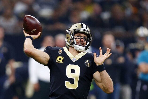 FILE - In this Sept. 9, 2018 file photo New Orleans Saints quarterback Drew Brees (9) passes in the first half of an NFL football game against the Tampa Bay Buccaneers in New Orleans. Brees sees a lot of himself in Browns rookie quarterback Baker Mayfield.