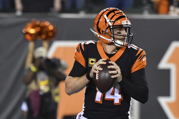 Cincinnati Bengals quarterback Andy Dalton looks to pass in the first half of an NFL football game against the Baltimore Ravens, Thursday, Sept. 13, 2018, in Cincinnati. (AP Photo/Bryan Woolston)