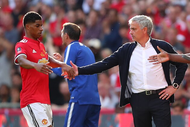 LONDON, ENGLAND - MAY 19:  Marcus Rashford of Manchester United shakes hands with Manchester United Head Coach / Manager Jose Mourinho as he is substituted  during the Emirates FA Cup Final between Chelsea and Manchester United at Wembley Stadium on May 19, 2018 in London, England. (Photo by Robbie Jay Barratt - AMA/Getty Images)