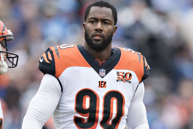 NASHVILLE, TN - NOVEMBER 12:  Michael Johnson #90 of the Cincinnati Bengals walks to the sidelines during a game against the Tennessee Titans at Nissan Stadium on November 12, 2017 in Nashville, Tennessee.  The Titans defeated the Bengals 24-20.  (Photo by Wesley Hitt/Getty Images)