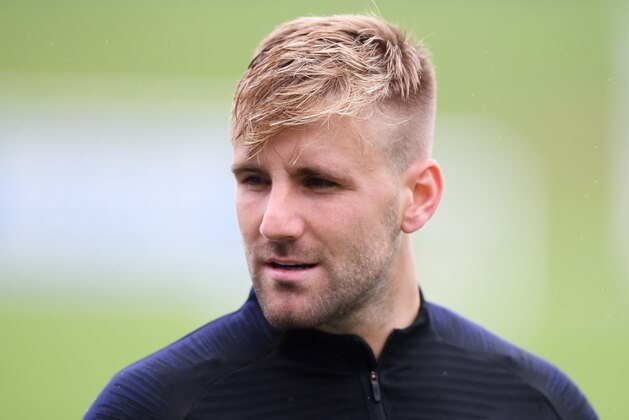 BURTON-UPON-TRENT, ENGLAND - SEPTEMBER 04:  Luke Shaw of England looks on during an England training session at St Georges Park on September 4, 2018 in Burton-upon-Trent, England.  (Photo by Laurence Griffiths/Getty Images)