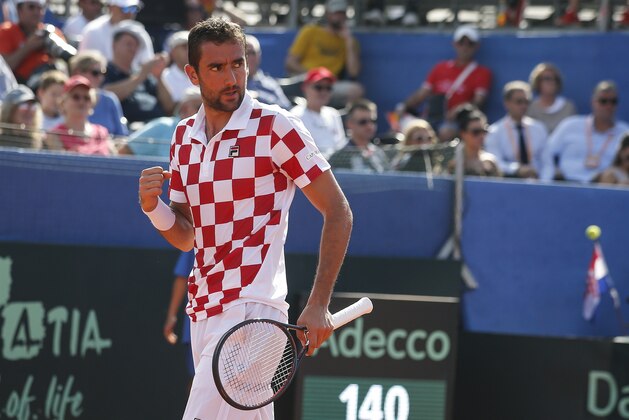 ZADAR, CROATIA - SEPTEMBER 14: Marin Cilic of Croatia react during the Davis Cup World Group semi final singles match between Croatia and USA at Visnjik sport center on September 14, 2018 in Zadar, Croatia. (Photo by Srdjan Stevanovic/Getty Images)