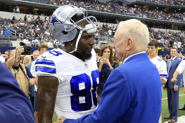 Dallas Cowboys wide receiver Dez Bryant talks to owner Jerry Jones prior to an NFL football game onSunday, Sept. 11, 2016, in Arlington, Texas. (AP Photo/Ron Jenkins)
