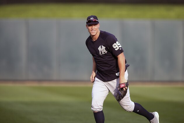 New York Yankees' right fielder Aaron Judge takes part in batting practice before the baseball game against the New York Yankees Wednesday, Sept. 12, 2018, in Minneapolis. (AP Photo/Jim Mone)