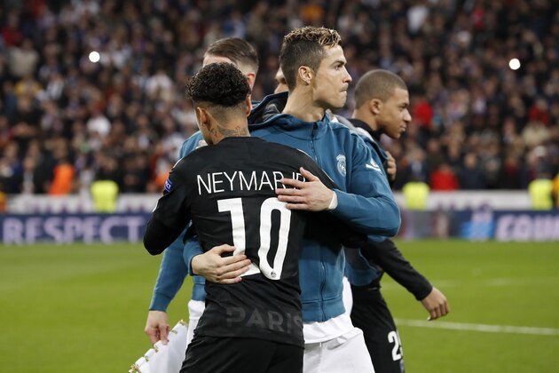 (L-R) Neymar of Paris Saint-Germain, Cristiano Ronaldo of Real Madrid, Kylian Mbappe of Paris Saint-Germain during the UEFA Champions League round of 16 match between Real Madrid and Paris Saint-Germain at the Santiago Bernabeu stadium on February 14, 2018 in Madrid, Spain(Photo by VI Images via Getty Images)
