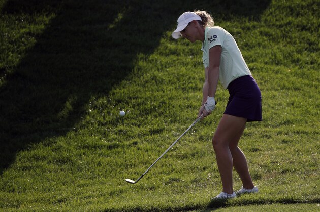 Amy Olson of the U.S. plays a shot during the second round of the Evian Championship women's golf tournament in Evian, eastern France, Friday, Sept. 14, 2018. (AP Photo/Francois Mori)