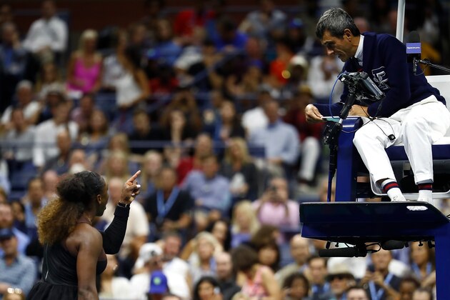 NEW YORK, NY - SEPTEMBER 08:  Serena Williams of the United States argues with umpire Carlos Ramos after her defeat in the Women's Singles finals match to Naomi Osaka of Japan on Day Thirteen of the 2018 US Open at the USTA Billie Jean King National Tennis Center on September 8, 2018 in the Flushing neighborhood of the Queens borough of New York City.  (Photo by Julian Finney/Getty Images)