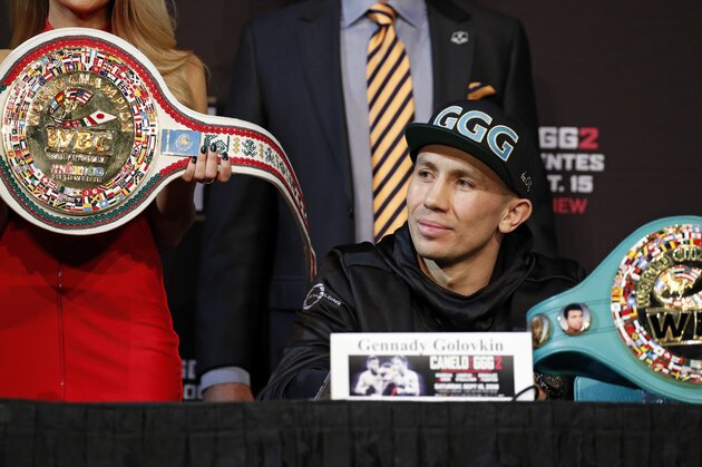 Gennady Golovkin listens during a news conference Wednesday, Sept. 12, 2018, in Las Vegas. Golovkin is scheduled to fight Canelo Alvarez in a title bout Saturday in Las Vegas. (AP Photo/John Locher)