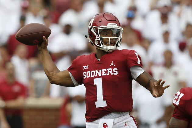 FILE - In this Saturday, Sept. 8, 2018, file photo, Oklahoma quarterback Kyler Murray (1) throws during an NCAA college football game against UCLA, in Norman, Okla. The pressure on Murray just increased now that running back Rodney Anderson is out for the season. (AP Photo/Sue Ogrocki, File)