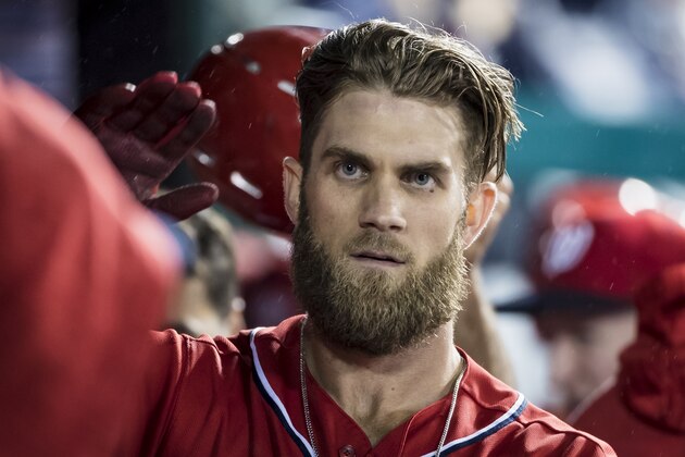 WASHINGTON, DC - SEPTEMBER 08: Bryce Harper #34 of the Washington Nationals hits a two-run home run against the Chicago Cubs during the seventh inning of game two of a doubleheader at Nationals Park on September 8, 2018 in Washington, DC.  (Photo by Scott Taetsch/Getty Images)
