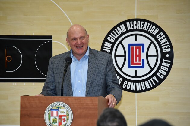 LOS ANGELES, CA - APRIL 02: Owner of the LA Clippers, Steve Ballmer participates in the announcement of a major gift to renovate nearly 350 public basketball courts in the city at Jim Gilliam Recreation Center on April 02, 2018 in Los Angeles, California. NOTE TO USER: User expressly acknowledges and agrees that, by downloading and/or using this Photograph, user is consenting to the terms and conditions of the Getty Images License Agreement. Mandatory Copyright Notice: Copyright 2018 NBAE (Photo by Adam Pantozzi/NBAE via Getty Images)