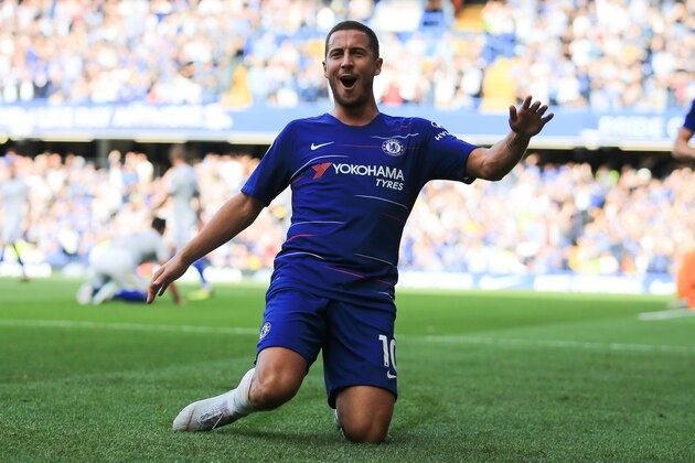 LONDON, ENGLAND - SEPTEMBER 15: Eden Hazard of Chelsea celebrates scoring  the equalising goal during the Premier League match between Chelsea FC and Cardiff City at Stamford Bridge on September 15, 2018 in London, United Kingdom. (Photo by Marc Atkins/Getty Images)