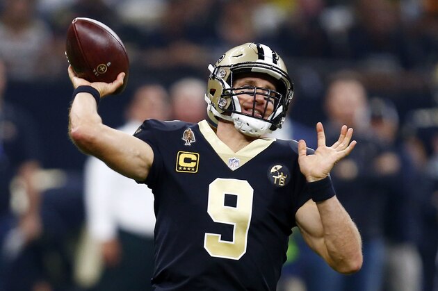 FILE - In this Sept. 9, 2018 file photo New Orleans Saints quarterback Drew Brees (9) passes in the first half of an NFL football game against the Tampa Bay Buccaneers in New Orleans. Brees sees a lot of himself in Browns rookie quarterback Baker Mayfield.
