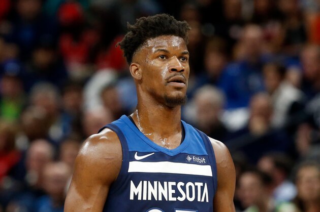 Minnesota Timberwolves' Jimmy Butler plays against the Houston Rockets in the first half during Game 3 of an NBA basketball first round playoff series Saturday, April 21, 2018, in Minneapolis. (AP Photo/Jim Mone)