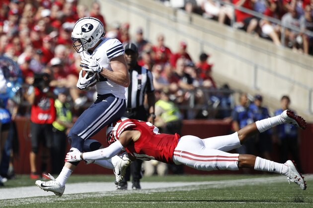 MADISON, WI - SEPTEMBER 15: Talon Shumway #21 of the BYU Cougars catches a pass near the sideline for a first down in the second quarter of the game against the Wisconsin Badgers at Camp Randall Stadium on September 15, 2018 in Madison, Wisconsin. (Photo by Joe Robbins/Getty Images)