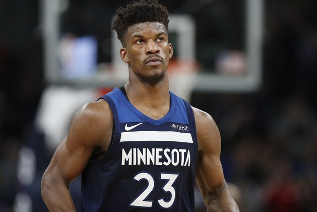 Minnesota Timberwolves forward Jimmy Butler (23) against the Sacramento Kings in the third quarter of an NBA basketball game Sunday, Feb. 11, 2018 in Minneapolis. (AP Photo/Andy Clayton-King)