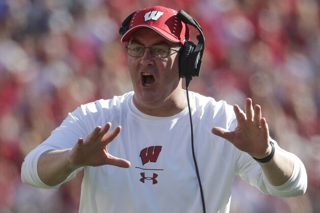 Wisconsin head coach Paul Chryst argues a call during the first half of an NCAA college football game against BYU Saturday, Sept. 15, 2018, in Madison, Wis. (AP Photo/Morry Gash)